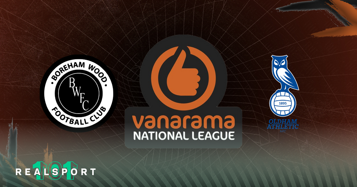 Boreham Wood and Oldham Athletic badges with National League logo