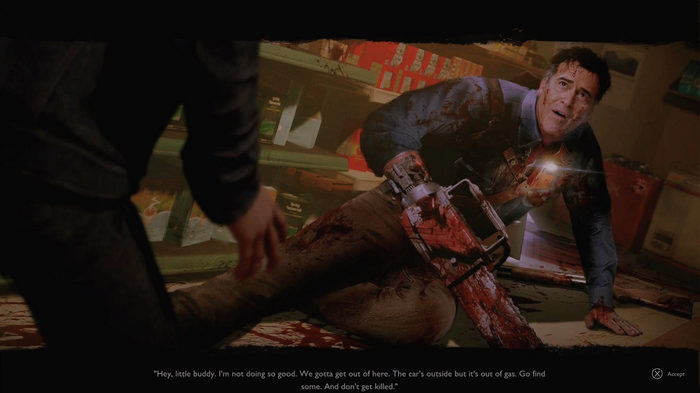 Pablo talking to Ash Williams in the Evil Dead: The Game mission "It's Not Gonna Let Us Go" that unlocks him.