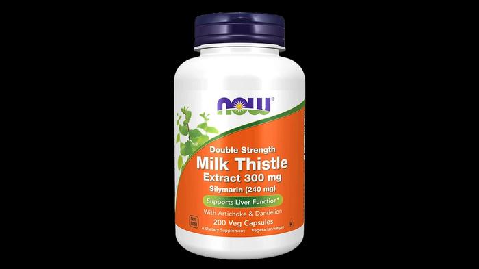 Best milk thistle supplement NOW Supplements product image of a white container with an orange and green label.