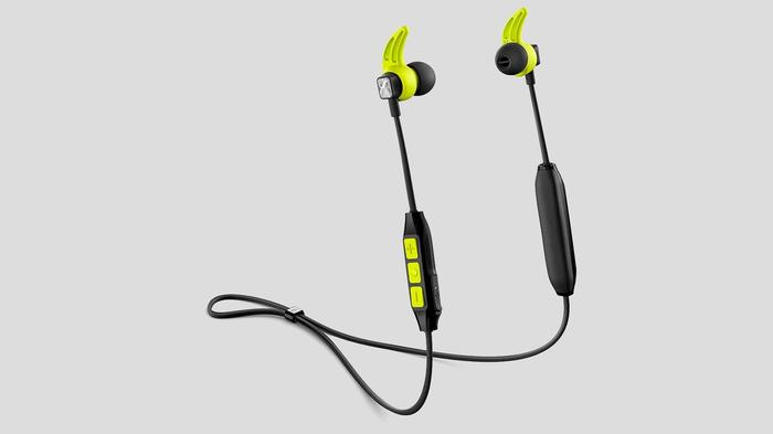 Best running headphones Sennheiser product image of a pair of black and yellow earbuds with a cable to wrap around your neck