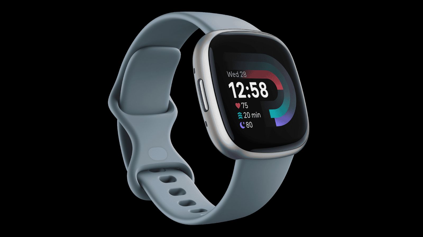 Fitbit Versa 4 product image of a platinum smartwatch with a black watch face and waterfall blue strap.