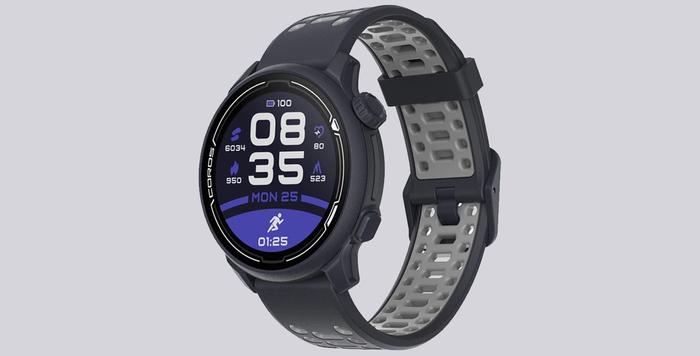 Best running watch Coros product image of a black watch with a white underside and a black and blue display.