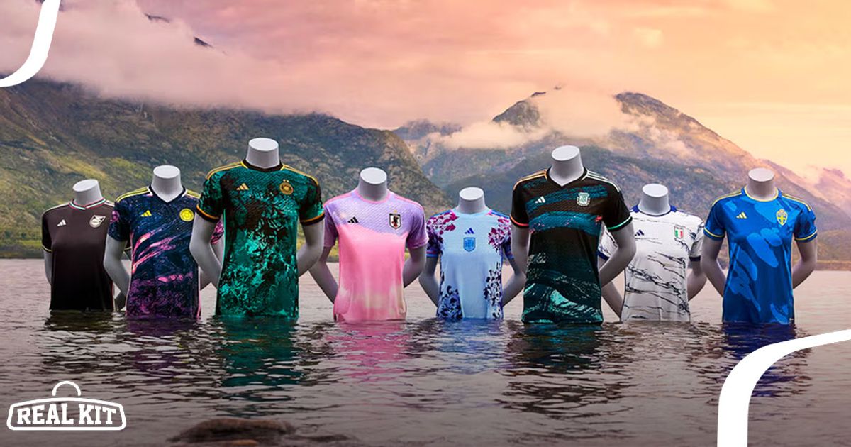 Image of a collection of adidas football kits coming out of water in front of a mountainous background.