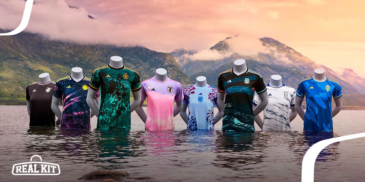 Image of a collection of adidas football kits coming out of water in front of a mountainous background.
