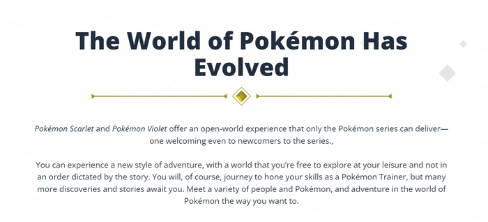 A screenshot of the official Pokémon Scarlet and Violet webpage discussing the open world.