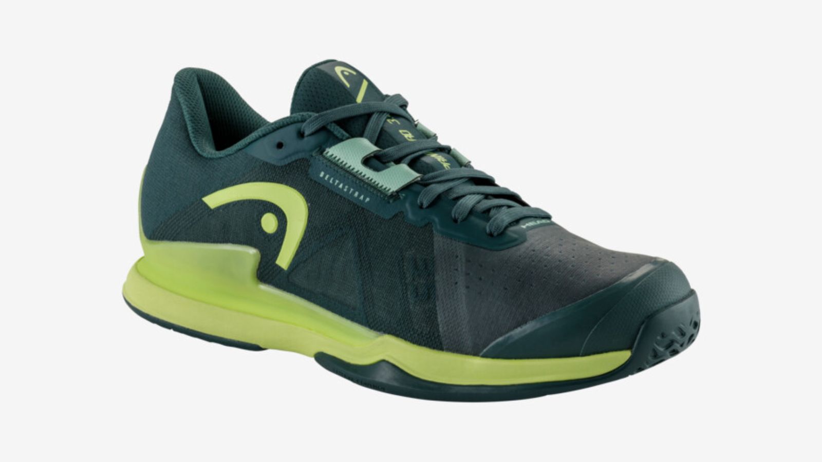 HEAD Sprint Pro 3.5 product image of a dark green tennis shoe featuring lime green details and branding.