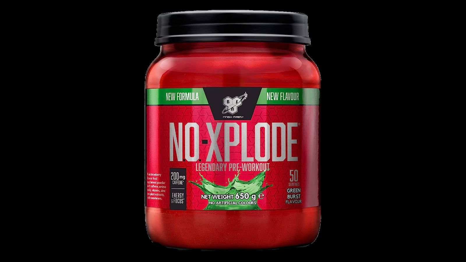 BSN N.O.-XPLODE Pre-Workout product image of a red container with black lid and green details.