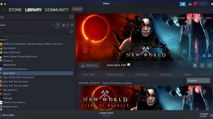 A Steam library page showing how to find the support button to access refunds.