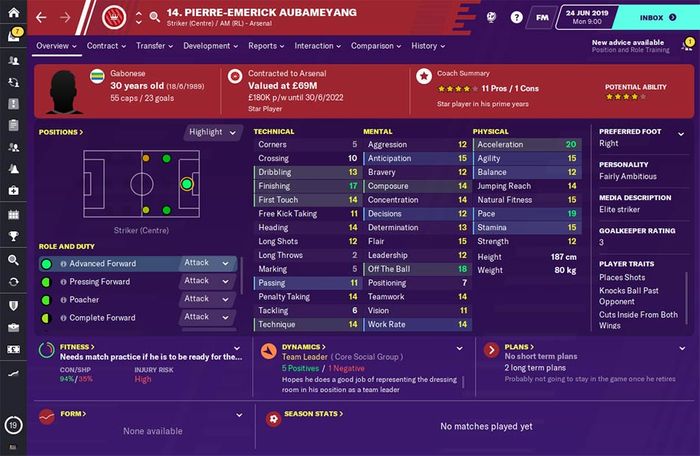 The stats for Pierre-Emerick Aubameyang in Football Manager 2020