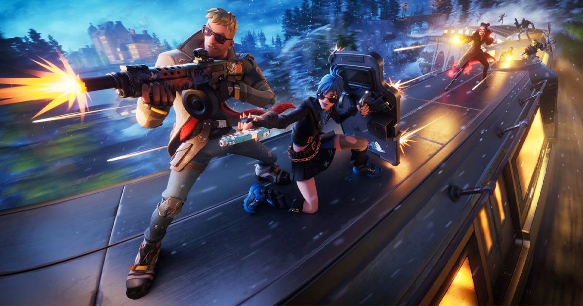 Two Fortnite characters fighting off enemies with guns on top of a train.