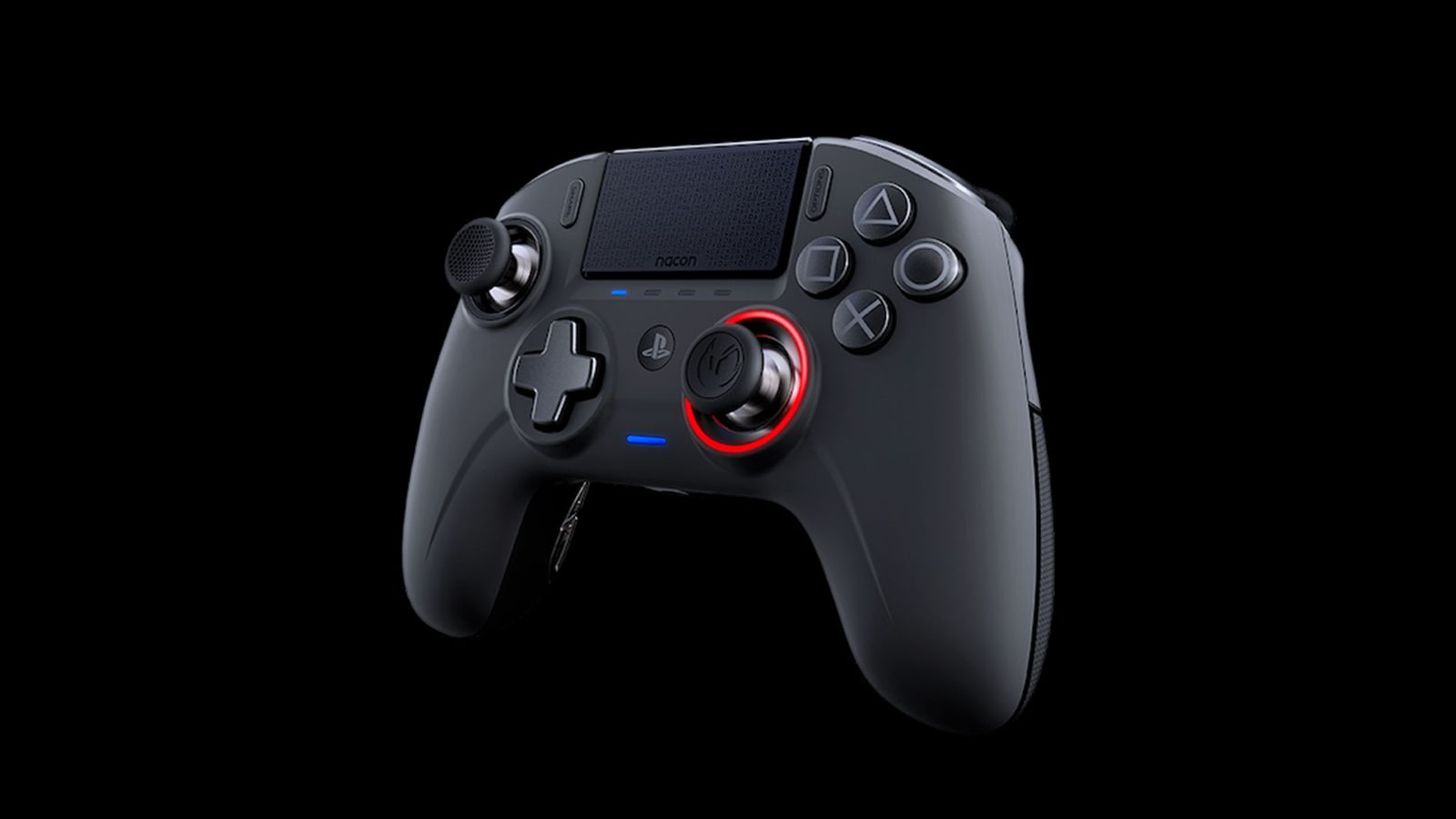 Nacon Revolution Unlimited Pro product image of a black controller with a red light around the right thumbstick.