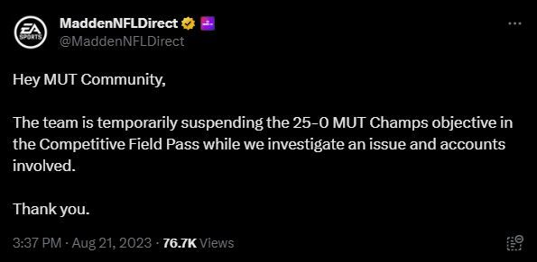 A tweet from MUT Direct saying that the 25-0 MUT Champs objective is temporarily suspended while EA investigate