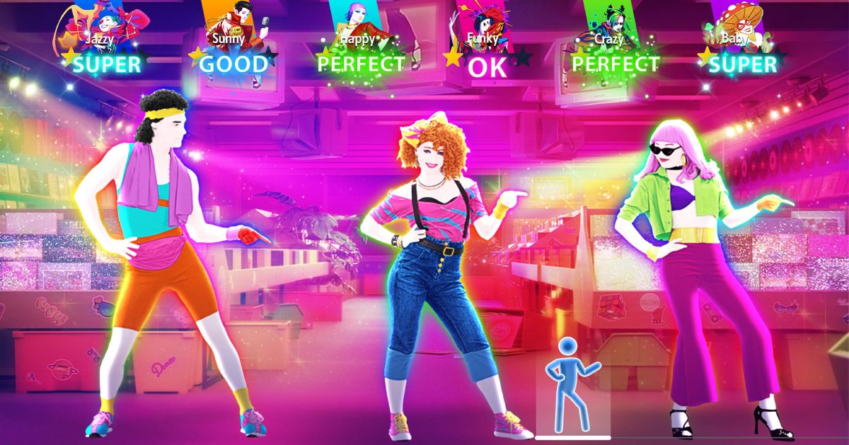 Three characters in Just Dance wearing colourful retro clothing.