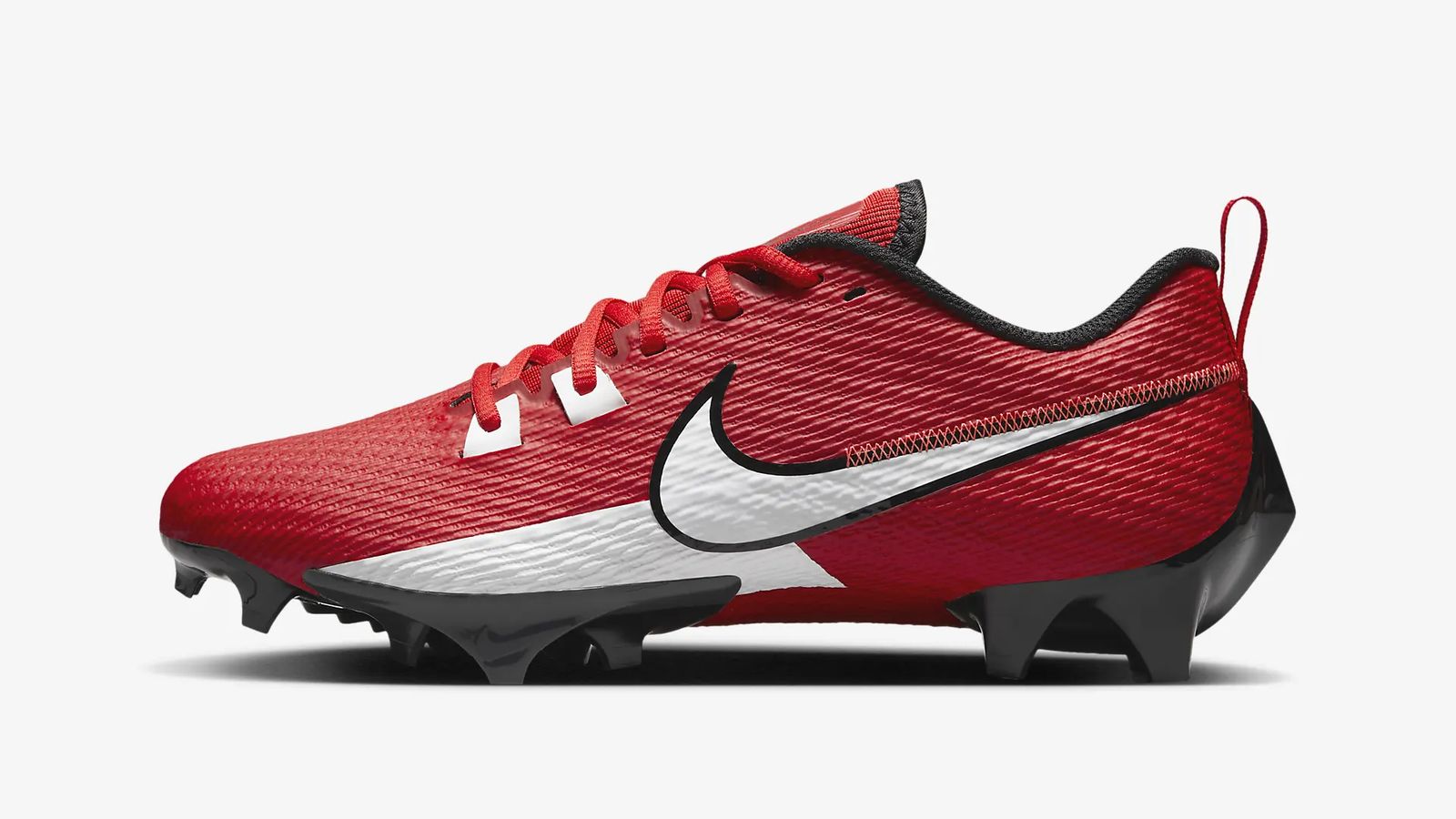 Nike Vapor Edge Speed 360 2 product image of a red cleat featuring a white Swoosh outlined in black down the side to match the cleats underneath.