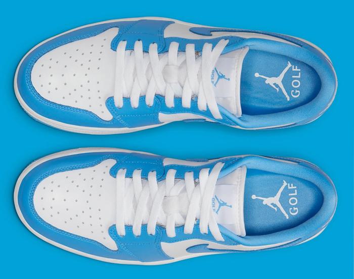 Air Jordan 1 Low Golf "University Blue" product image of a white sneaker with light blue overlays.