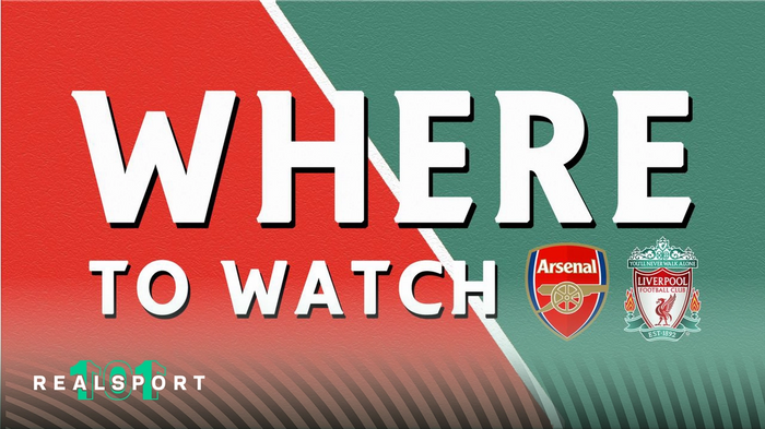 Arsenal and Liverpool badges with "Where to Watch" text