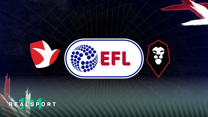 Cheltenham and Salford City badges with EFL Trophy logo