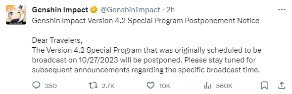 A screenshot of a tweet from the official Genshin Impact account announcing that the 4.2 Livestream will be delayed