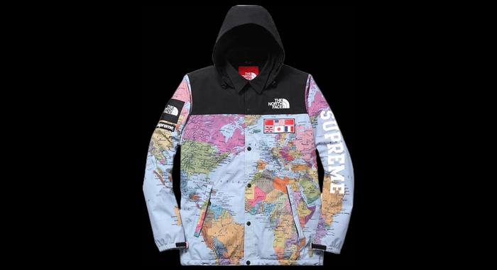 Best Supreme collabs Supreme x The North Face Expedition Coaches Jacket product image of a black jacket with a world map graphic printed all over.