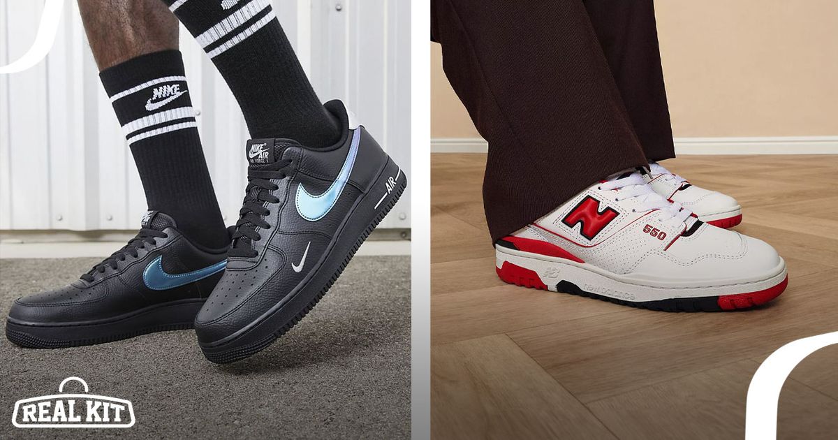 Someone in black socks wearing black Air Force 1 Lows with blue Swooshes on the left. On the right, someone in white New Balance 550s featuring red branding and black details.