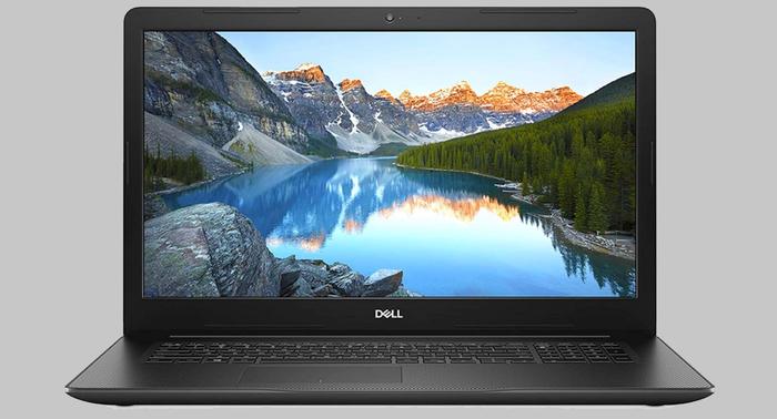 Best laptop for Football Manager - Dell product image of a black laptop with a picturesque mountainous and river background.
