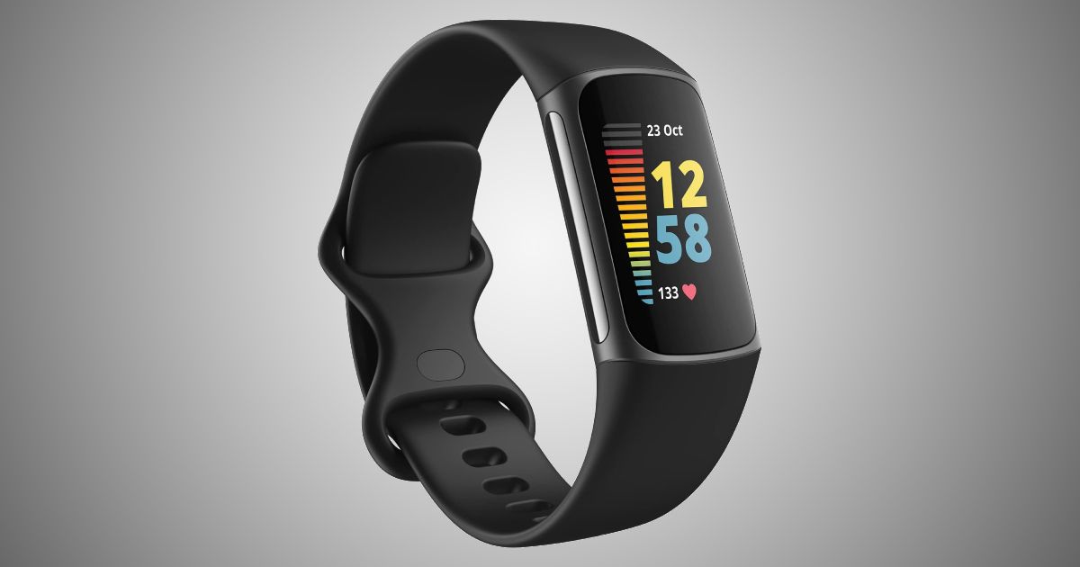 Fitbit Charge 5 product image of a black fitness band with the time in yellow and blue on the display.