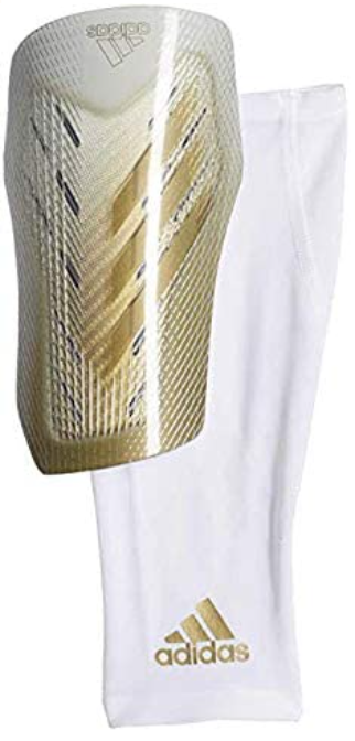 Best shin pads adidas product image of a single white and gold shin pad with an accompanying compression sock
