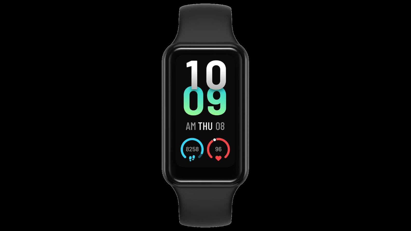 Amazfit Band 7 product image of a black smartwatch with the time 10:09 in white and blue and green on the display.