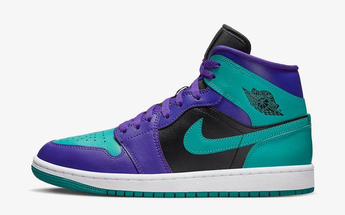 Latest Air Jordan 1 news Mid "Grape" product image of a teal, purple, and black sneaker.