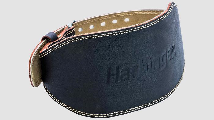 Best weightlifting belt under 100 Harbinger product image of a black leather belt with a brown inner lining.