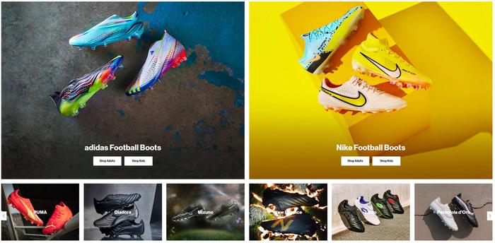 Image from the ProDirect:Soccer website showcasing the selection of football boot brands available including adidas and Nike.