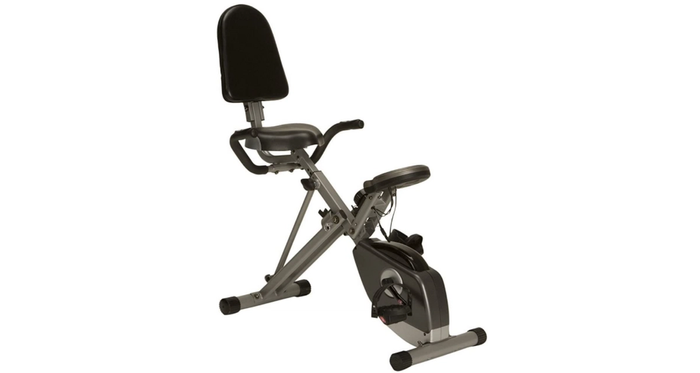 Best recumbent bike Exerpeutic product image of a grey-framed bike with the pedals lower, giving you a more upright position.