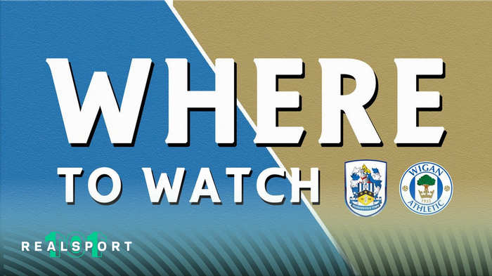 Huddersfield and Wigan badges with Where to Watch text