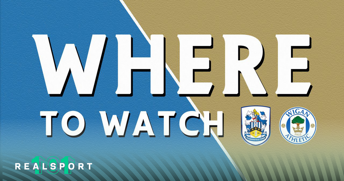 Huddersfield and Wigan badges with Where to Watch text