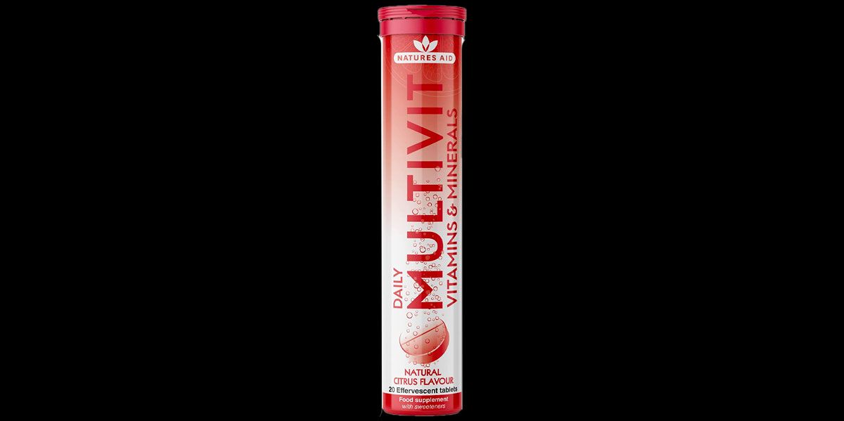 Natures Aid Daily Multivit product image of a red and yellow tube container featuring an image of a red dissolvable tablet.