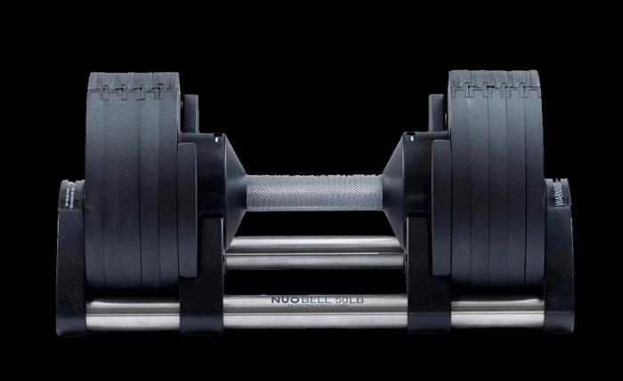 Best Adjustable Dumbbells BODYTECH x NUOBELL product image of a silvery-grey dumbbell.
