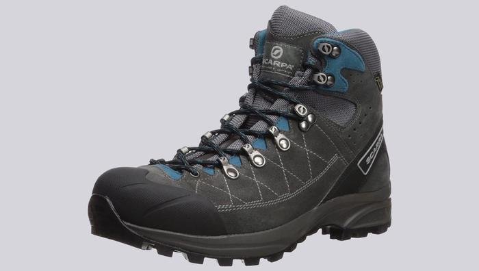 Best hiking boots SCARPA product image of a single grey boot with blue details.