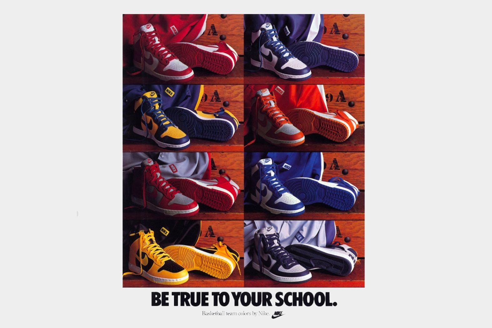Nike Dunk poster of 8 college-themed high-top sneakers.
