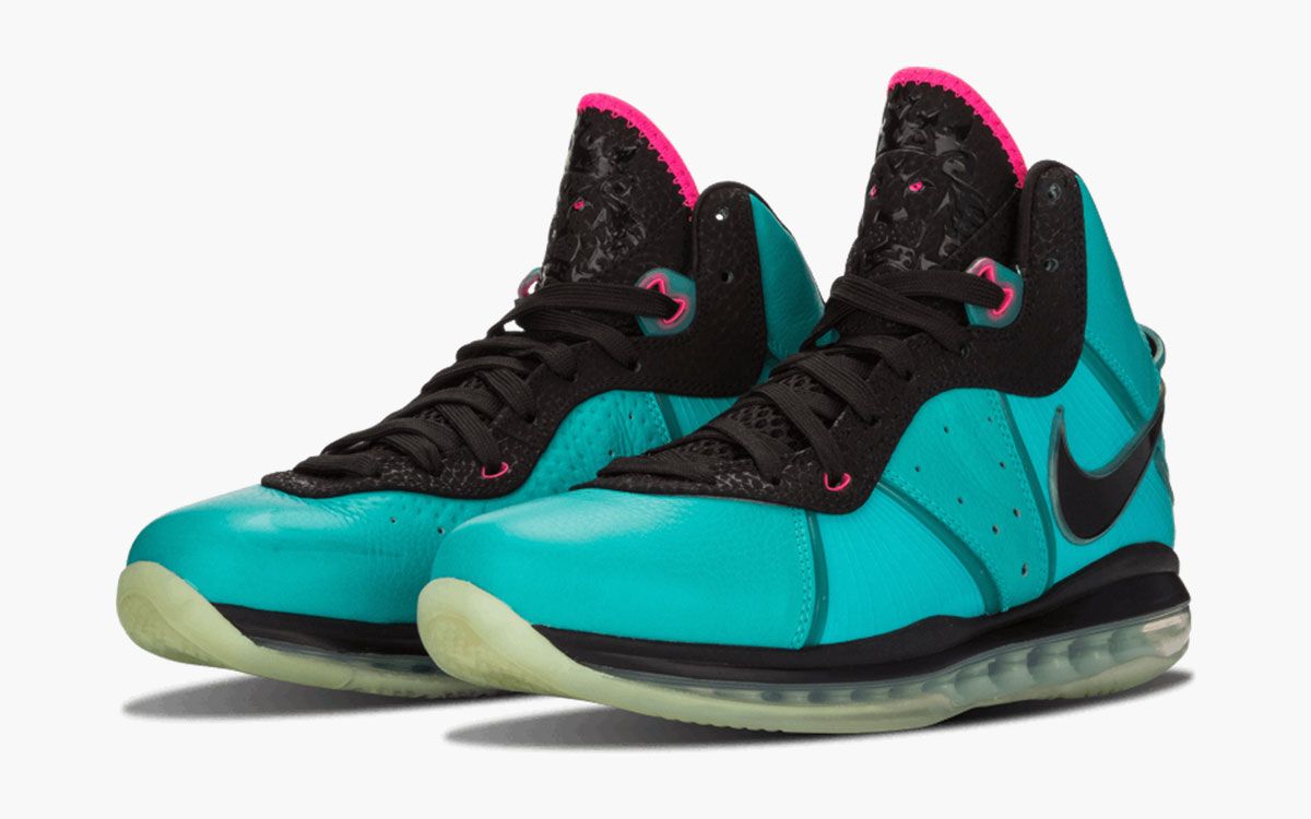 Nike LeBron 8 "South Beach" product image of a pair of filament green and black sneakers with pink details.