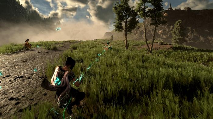 and in-game screenshot of Forspoke featuring the main character engaging in magical combat with an enemy
