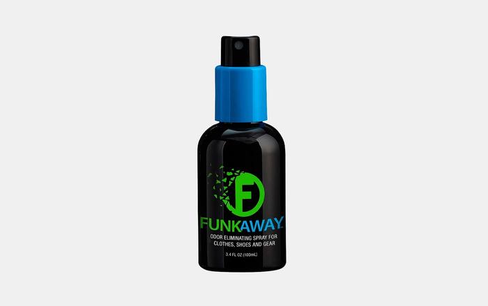 Best shoe deodorizer FunkAway product image of a black spray bottle with green and blue branding.