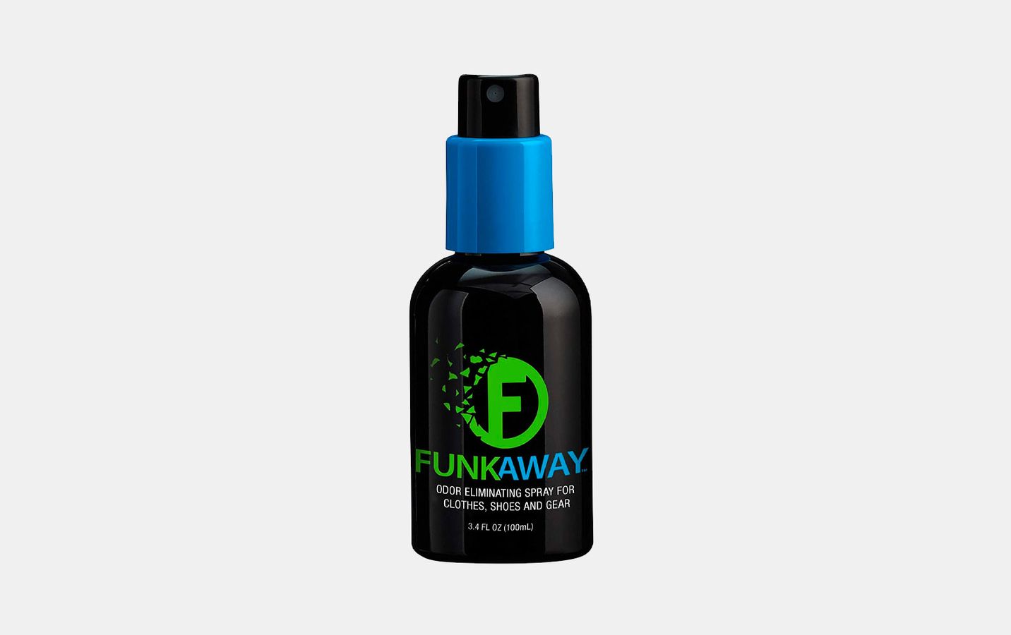 FunkAway Odor Eliminator Spray product image of a black spray bottle with green and blue branding.