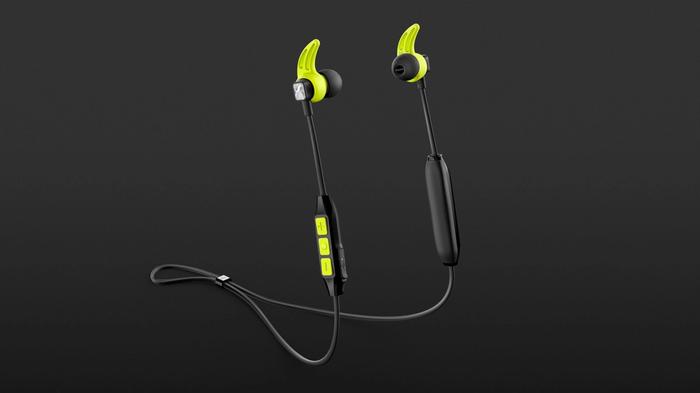 Best running headphones Sennheiser product image of a pair of black and yellow earbuds with a cable to wrap around your neck