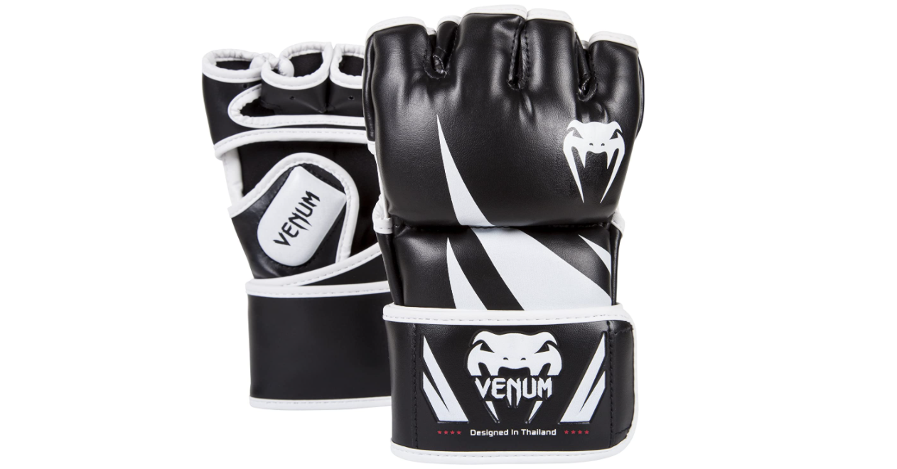 Best MMA gloves Venum product image of a pair of black and white gloves.