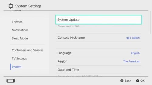 Nintendo Switch where to perform console update Version 10.0.0