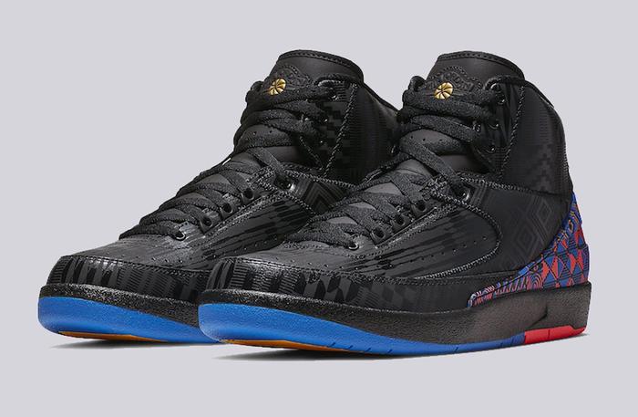 Best Air Jordan 2 colorways "Black History Month" product image of a pair of black sneakers with blue, red, and gold details.