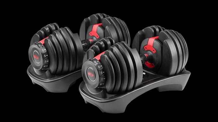 Best Adjustable Dumbbells Bowflex product image of a red and black set.