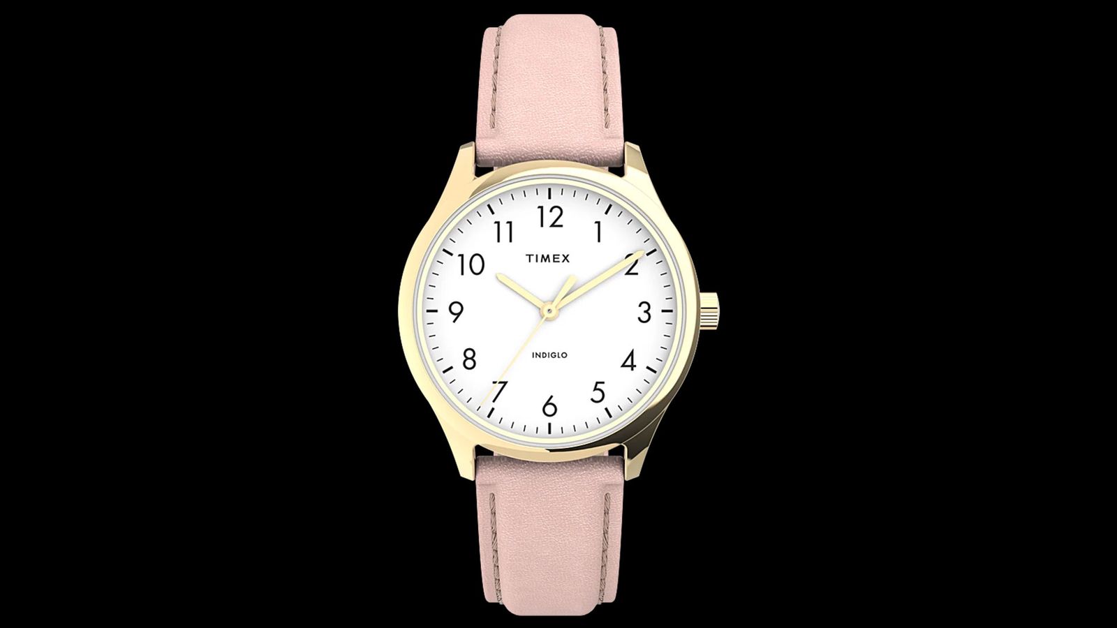 Timex Easy Reader product image of a light pink band and golden watch case.