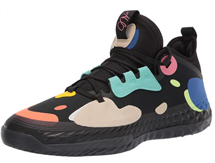 Are basketball shoes good for  adidas product image of a singular black shoe with a multicoloured cow-like patternym