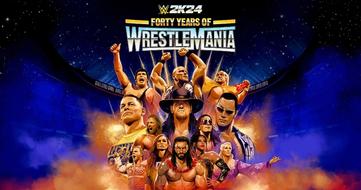 A retro-style wrestling post celebrating forty years of WrestleMania, with the poster featuring stars like Undertaker, John Cena, and The Rock.